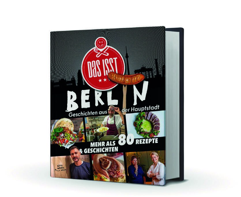 Kochbuch „Das isst Berlin – Geschichten aus der Hauptstadt“, Cover mit Berliner Silhouette und Currywurst