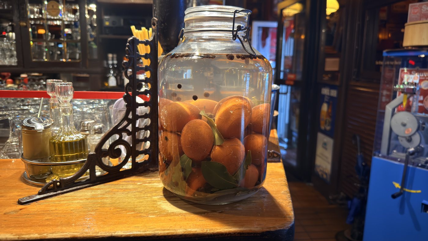 Pickled oranges behind the bar